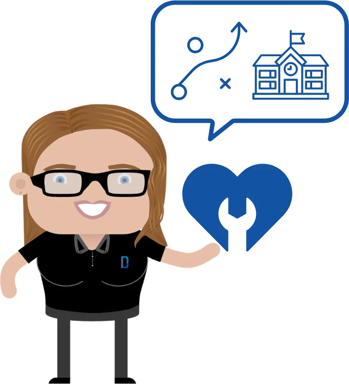Illustration of a Drift team member with a planning icon and a heart-and-spanner support icon