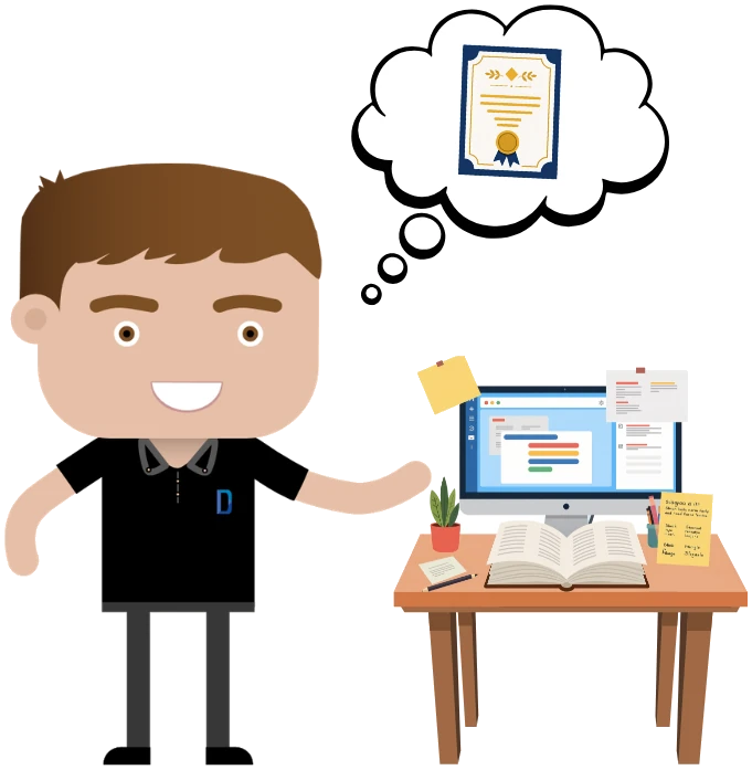 Illustration of a Drift apprentice beside a desk of study materials, dreaming of his qualification certificate