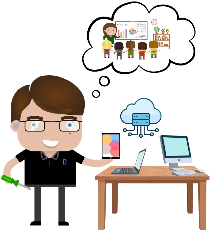 Illustration of a Drift technician with a screwdriver and tablet beside a desk of computers, thinking of a teacher and pupils in a classroom