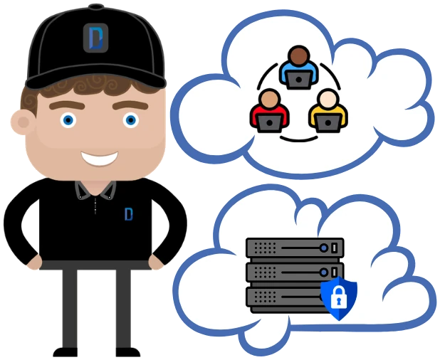 Illustration of Brad, our projects engineer, beside two clouds, one showing staff working together online and one showing secure servers with a padlock shield