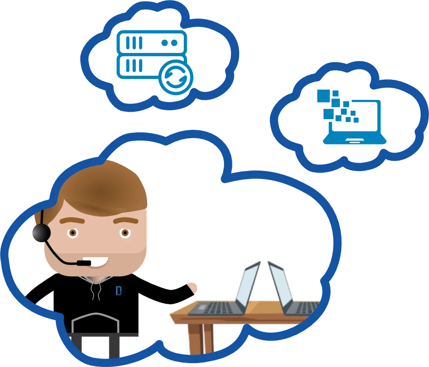 Illustration of Jack from the Drift helpdesk wearing a headset, with server and laptop icons