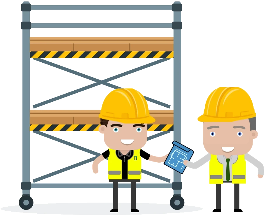 Illustration of a Drift engineer in a hard hat and hi-vis handing building plans to a customer beside scaffolding