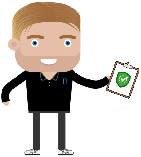 Illustration of a Drift team member holding a clipboard with a green tick shield