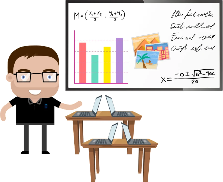 Illustration of a Drift technician on site in a classroom, beside an interactive display and laptops